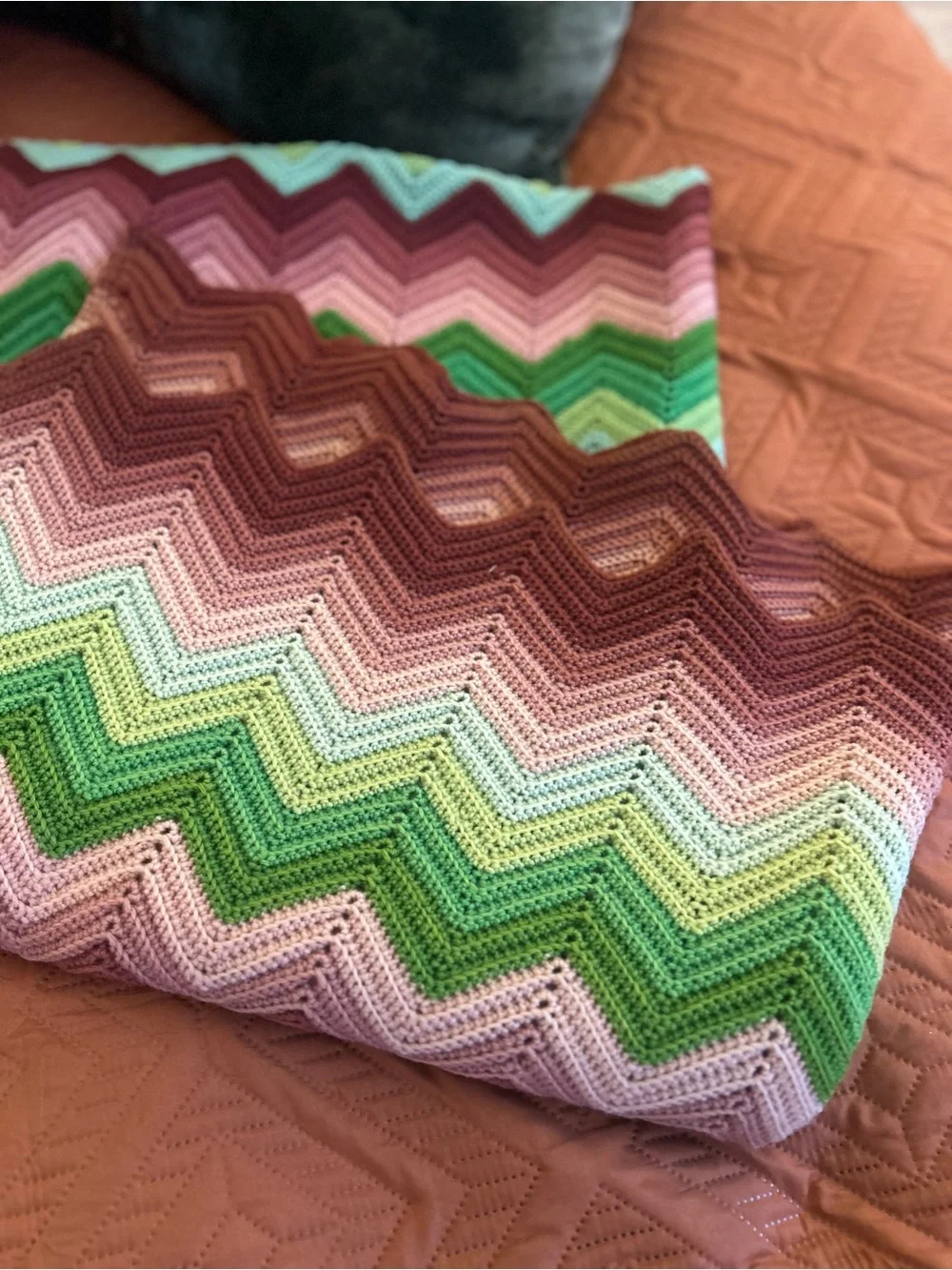 Vintage Handmade Chevron Crochet Throw in Greens and Pinks